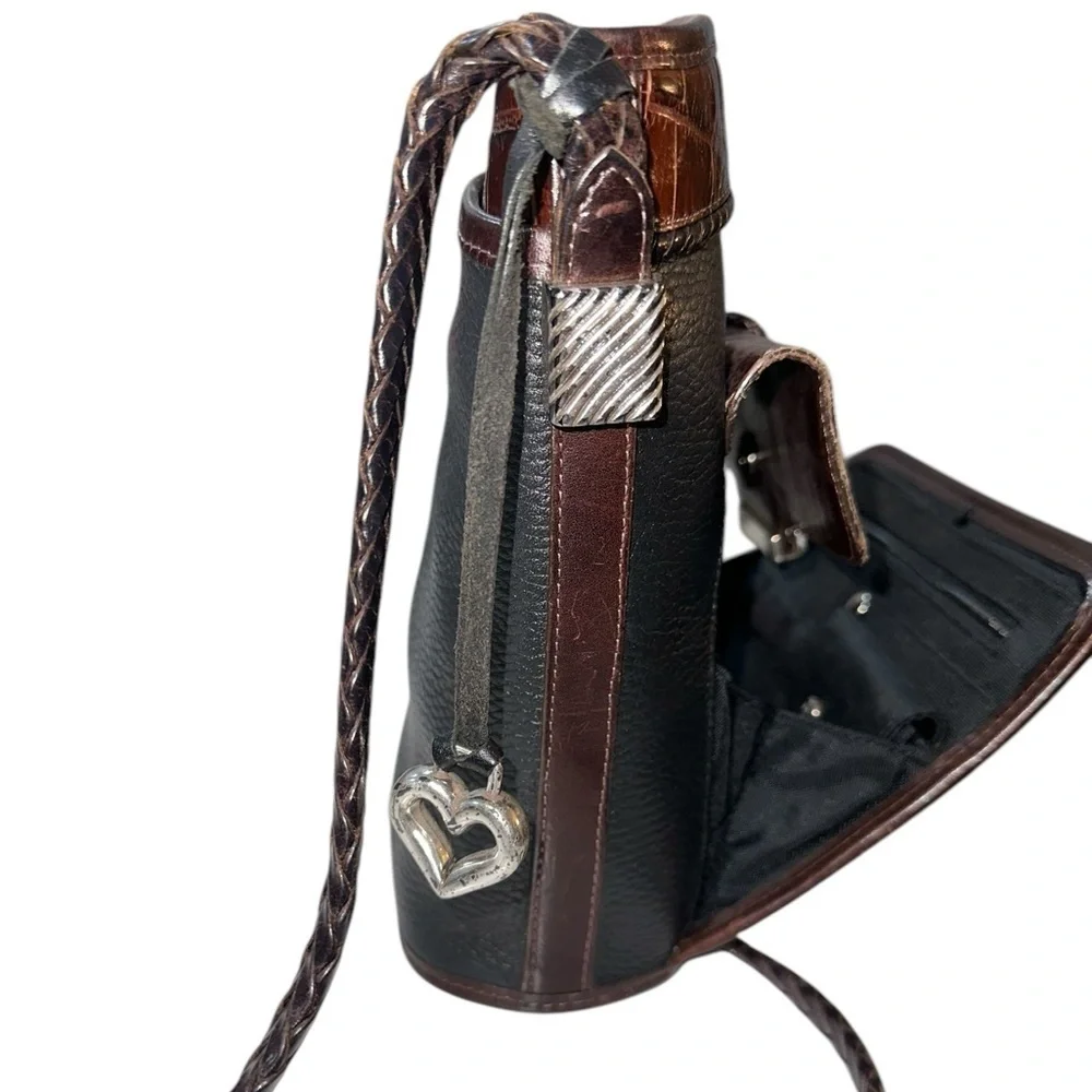 Brighton Black Brown Croc Embossed Leather Crossbody Purse w Organizer